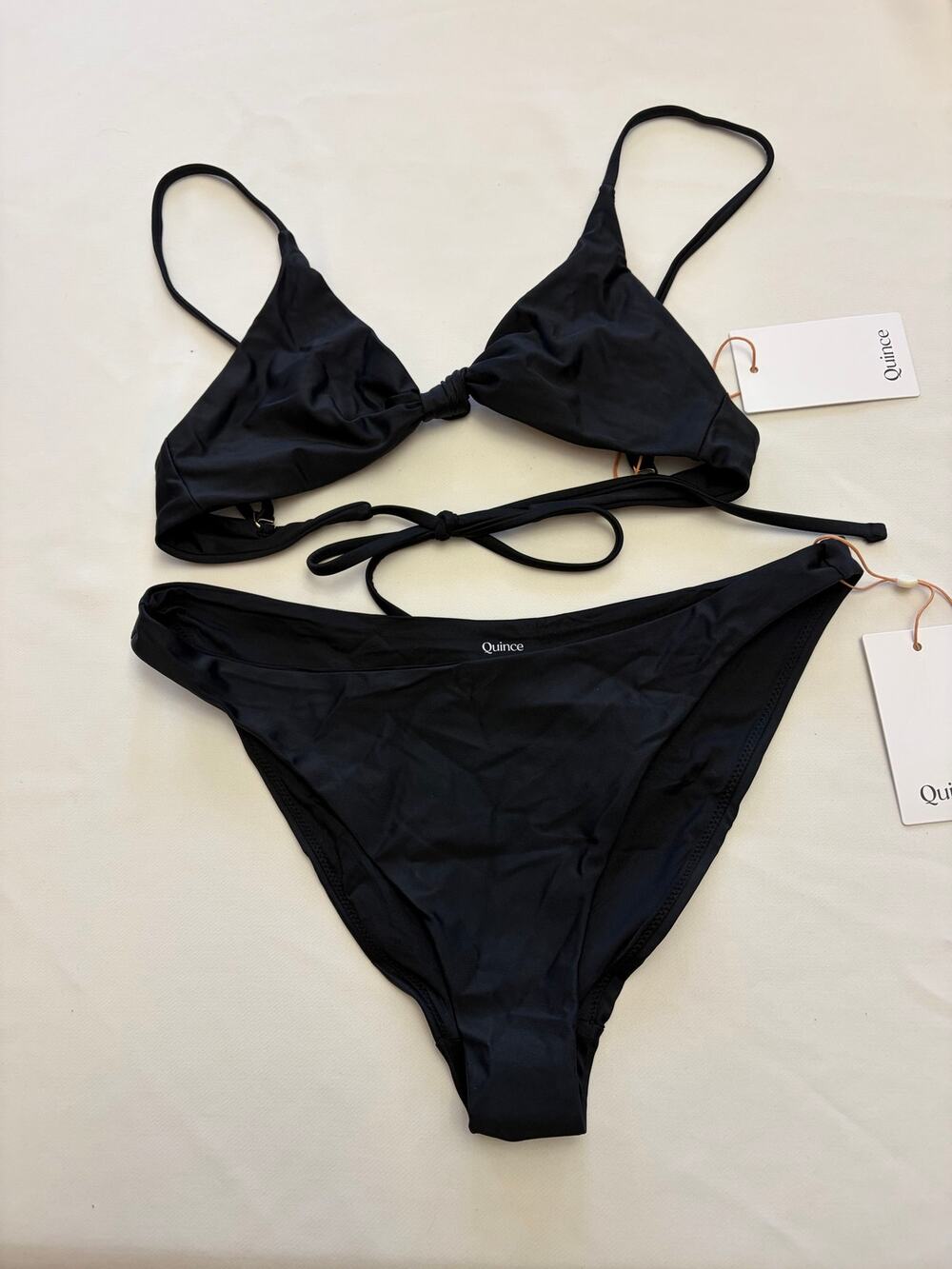 Quince Black Two Piece Bikini Knot Top & Low Rise Bottoms Size Small NEW